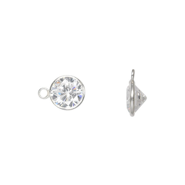 Drop, cubic zirconia and sterling silver, clear, 9mm faceted round. Sold per pkg of 2. image number 0