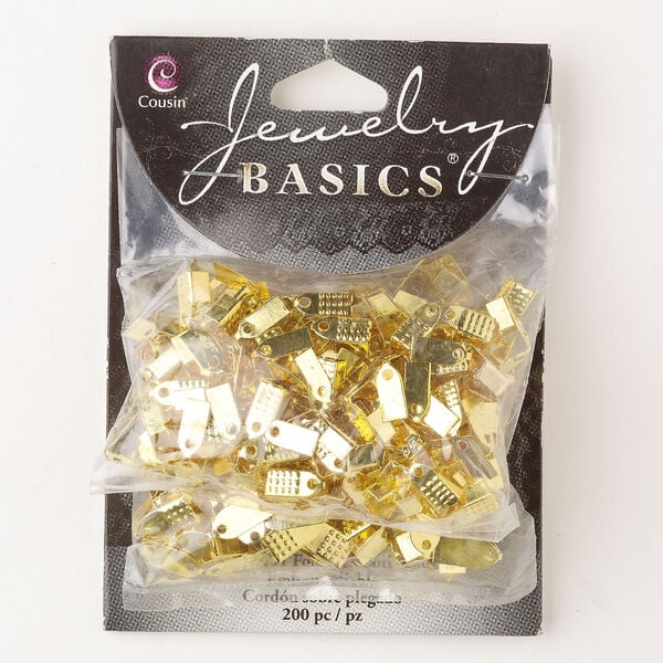 Cord end assortment, steel, pkg/200, gold finish, 5x4mm and 6x5mm fold-over rectangle. image number 0