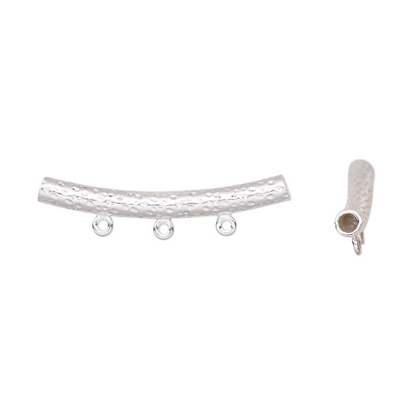 Bead, sterling silver, 27x4.5mm curved tube with dimpled texture and 3 closed loops. Sold individually. image number 0