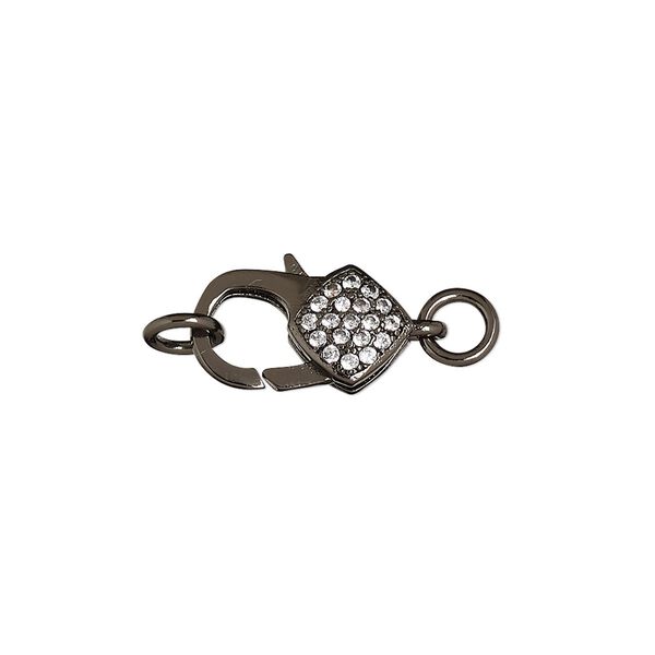 Clasp, lobster claw, cubic zirconia and black-finished brass, clear, 15x8mm double-sided with diamond design. Sold individually. image number 0