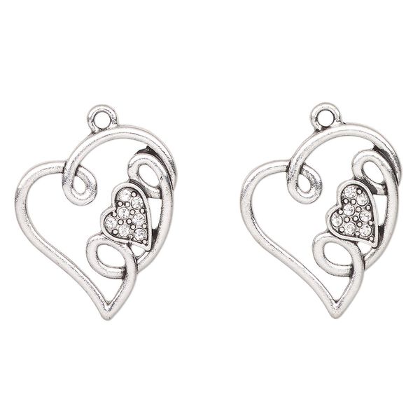 Charm, antique silver-finished "pewter" (zinc-based alloy) and glass, clear, 25x23mm open heart with "Love". Sold per pkg of 2. image number 0