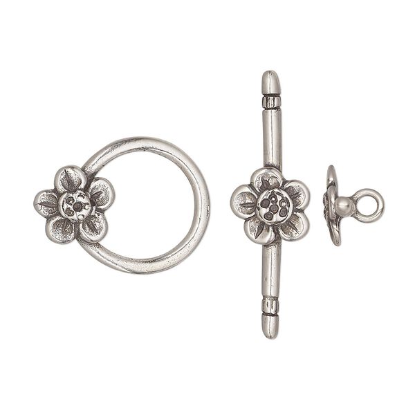 Clasp, JBB Findings, toggle, sterling silver, 19.5x15mm round with flower. Sold individually. image number 0