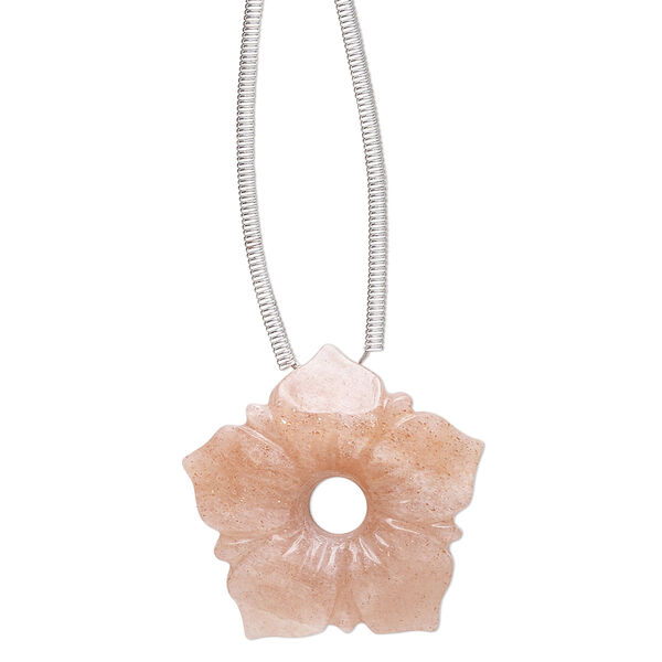 Peach moonstone 1pkg1, hand-cut top-drilled carved flower bead natural 20x20mm / 4mm center hole image number 0