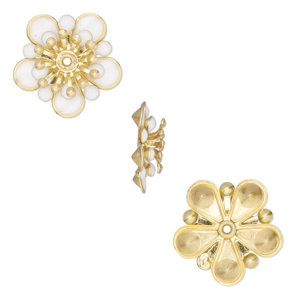 Component, epoxy and gold-finished copper, white, 19mm center-drilled single-sided flower. Sold per pkg of 2. image number 0