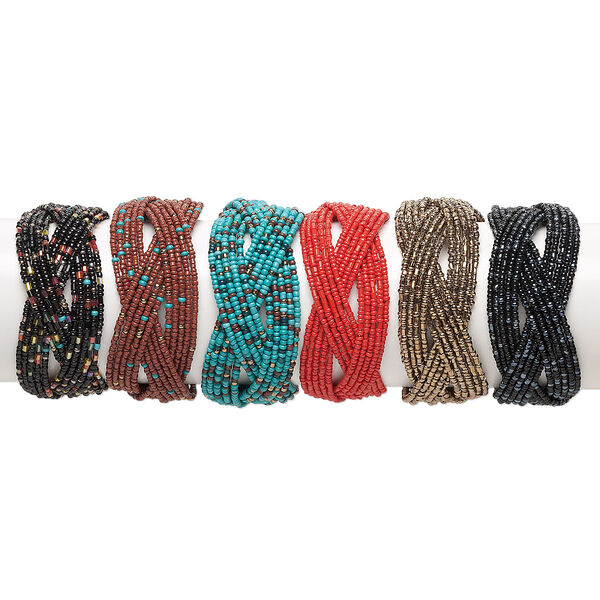 Bracelet mix, cuff, 15-strand, glass and steel, autumn tones, 34mm wide, adjustable from 6-8 inches. Sold per pkg of 6. image number 0