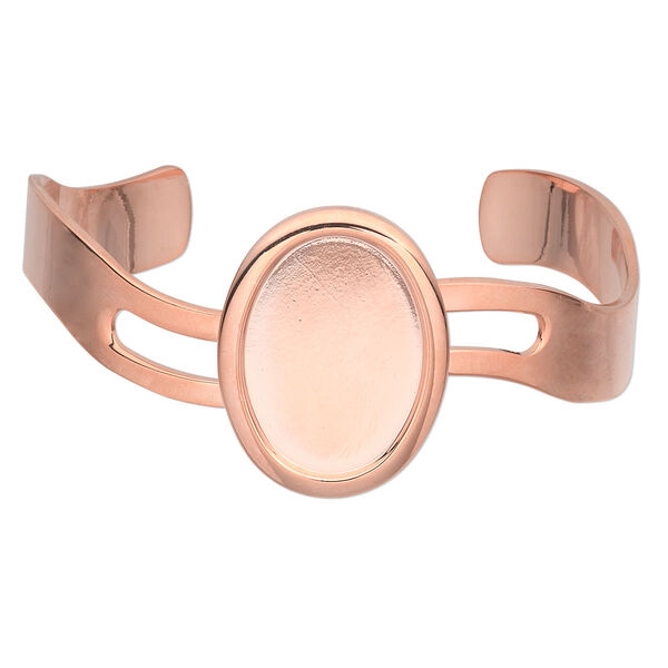 Bracelet, cuff, copper-plated brass and "pewter" (zinc-based alloy), 63x30mm with wave design and 25x18mm oval setting, adjustable. Sold individually. image number 0