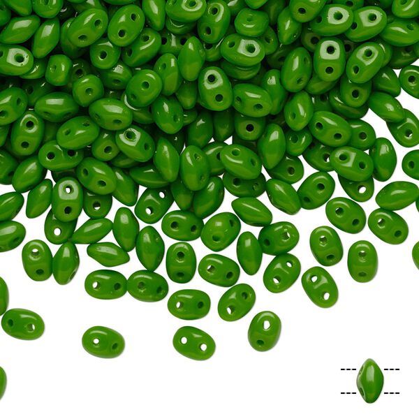 Bead, Preciosa Twin™, Pressed Twin, Czech pressed glass, candy green, 5x2.5mm oval with 2 holes. Sold per 10-gram pkg. image number 0