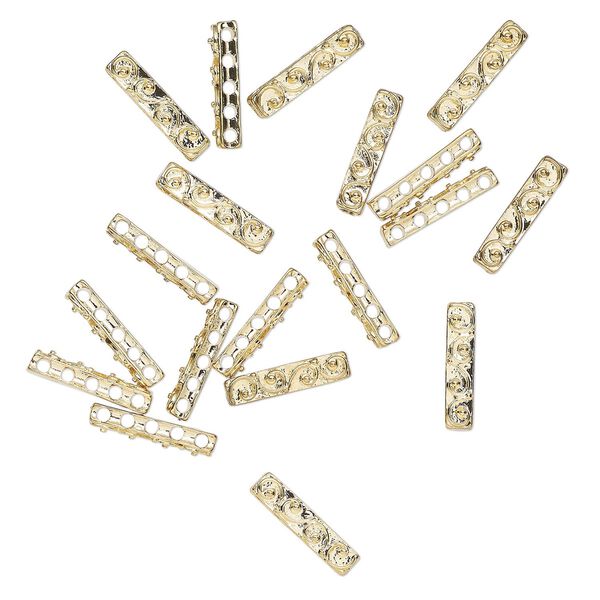 Spacer bar, 5-strand, gold-finished "pewter" (zinc-based alloy), 20x4mm fancy rectangle with swirl, fits up to 3mm beads. Sold per pkg of 20. image number 0