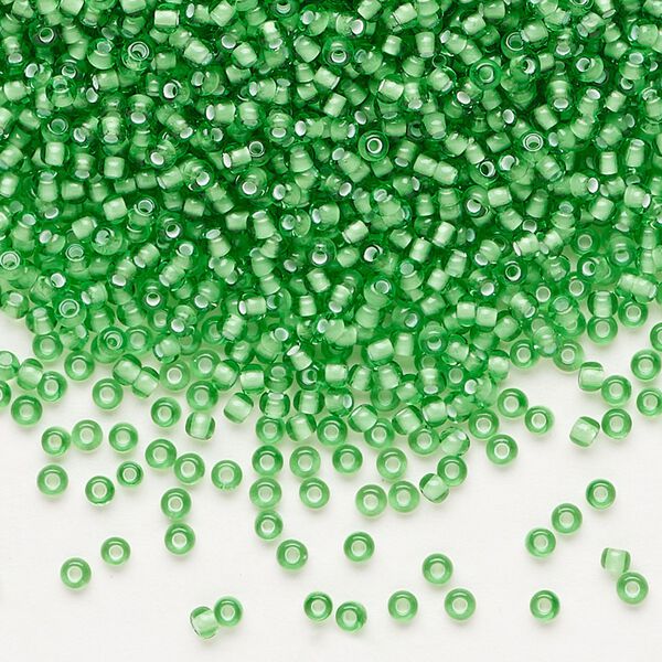 Seed bead, Preciosa Ornela, glass, transparent chalkwhite-lined medium green, #11 rocaille. Sold per 500-gram pkg. image number 0