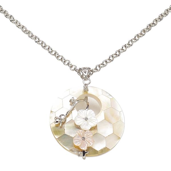 Necklace, resin / gold lip shell / freshwater pearl shell (dyed / assembled) / glass rhinestone / imitation rhodium-plated brass, pink and clear, 41mm round go-go with flowers, 18 inches with 3-inch extender chain and lobster claw clasp. Sold individually. image number 0