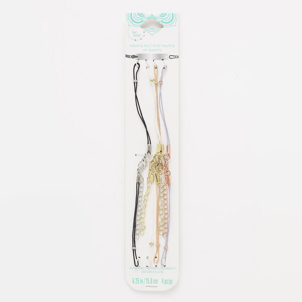 Bracelet component mix, nylon / silver- / gold- / rose gold-finished "pewter" (zinc-based alloy) / steel. multicolored, 6-1/4 inches with 1-1/2 extender chain and lobster claw clasp. Sold per pkg of 4. image number 0