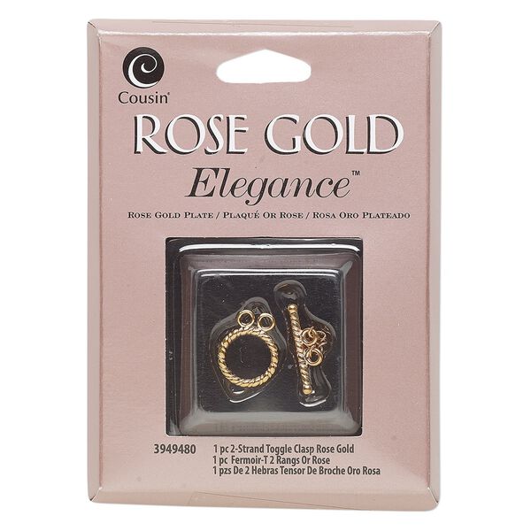 Clasp, toggle, rose gold-plated copper and lacquer, 11.5mm 2-strand round with rope design. Sold individually. image number 0