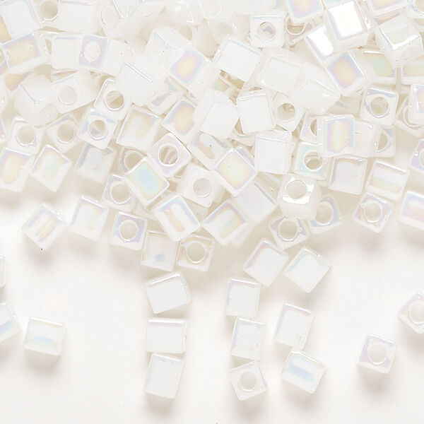 Seed bead, Miyuki, glass, pkg/25g, 3.5-3.7mm square, opaque rainbow white (SB-550R). image number 0