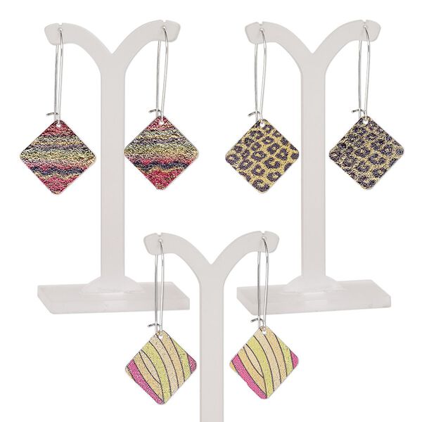 Earring mix, mylar / imitation rhodium-plated steel / "pewter" (zinc-based alloy), multicolored, 2-1/2 inches with diamond and kidney ear wire. Sold per pkg of 3 pairs. image number 0