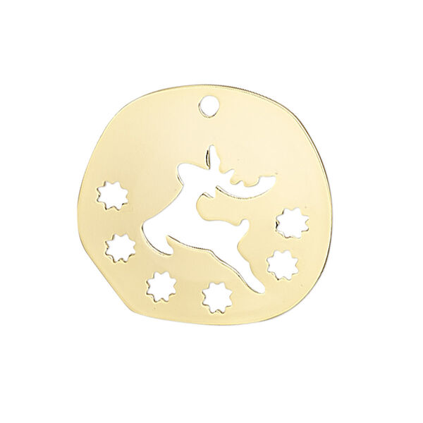 Drop, gold-finished steel, 27mm two-sided domed irregular round with cutout deer and flowers. Sold per pkg of 2. image number 0