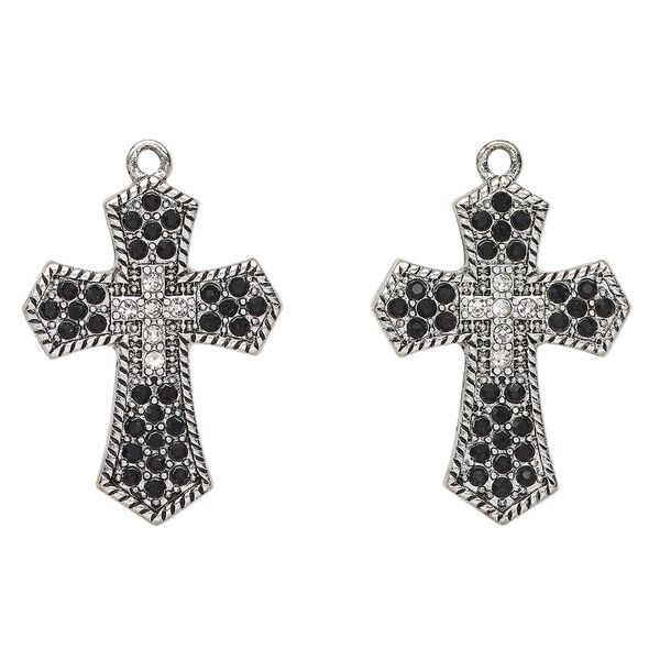 Drop, antique silver-finished "pewter" (zinc-based alloy) and glass, clear and black, 29x22mm cross. Sold per pkg of 2. image number 0