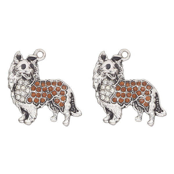 Charm, antique silver-finished "pewter" (zinc-based alloy) and glass, topaz and black, 26x25mm single-sided collie. Sold per pkg of 2. image number 0