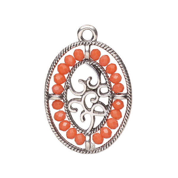 Drop, antique silver-finished "pewter" (zinc-based alloy), salmon pink, 28x21.5mm oval with hearts and beaded border. Sold per pkg of 2. image number 0