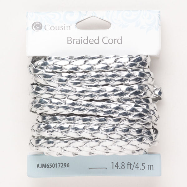 Cord, plastic, pkg/4.5m, silver, 7mm braided flat. image number 0