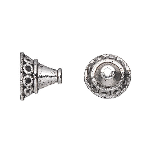 Cone, antique silver-plated "pewter" (zinc-based alloy), 14x12mm with circles, 10mm inside diameter. Sold per pkg of 10. image number 0