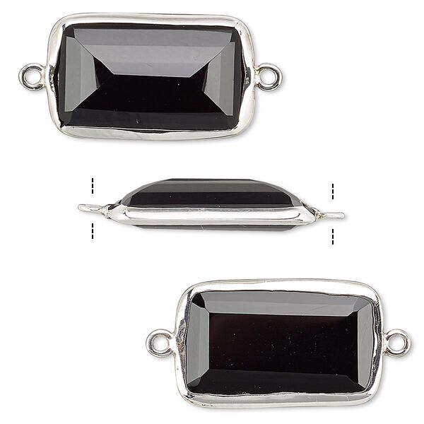 Link, black onyx (dyed) and sterling silver, 22x13mm two-sided faceted rectangle. Sold per pkg of 2. image number 0