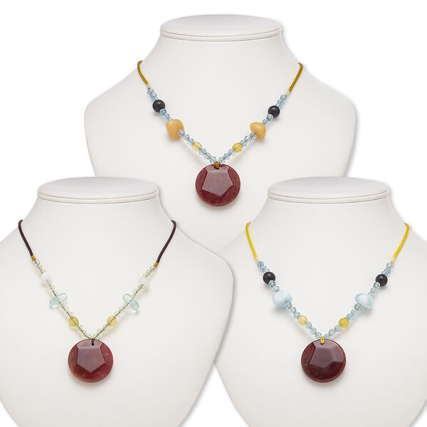 Multi-gemstone / glass / acrylic / nylon 1pkg3, round necklace B- grade, 20 to 24 inch continuous loop mix 34-35mm image number 0