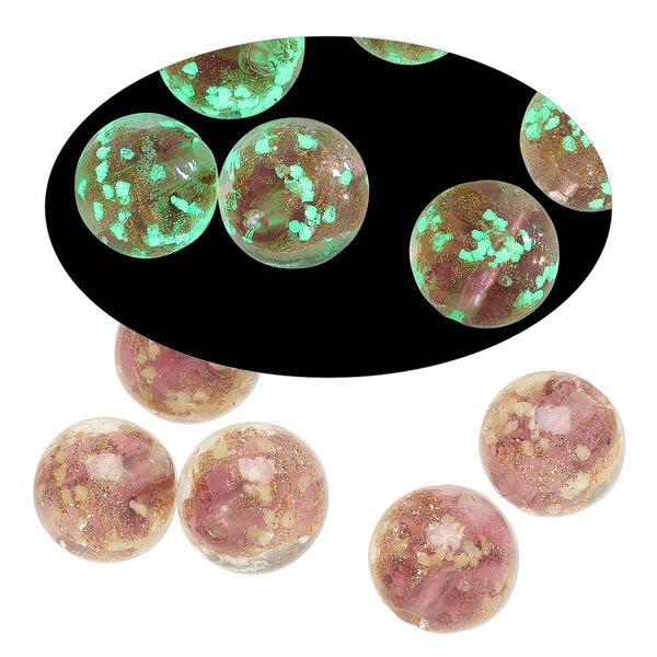 Bead, lampworked glass, clear / purple / glow-in-the-dark / gold, 10mm round. Sold per pkg of 6. image number 0