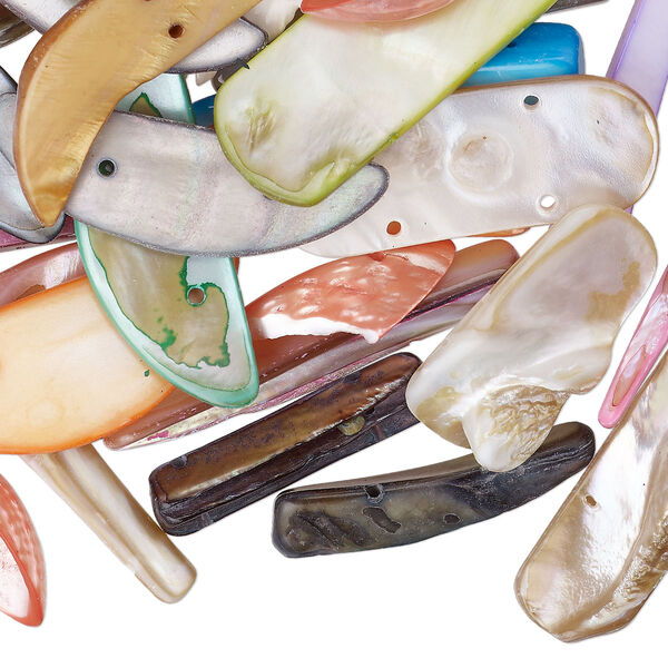 Bead mix, spacer, 2-strand, mother-of-pearl shell (bleached/dyed), mixed colors, 25x5mm-67x20mm mixed shapes, fits up to 20mm beads, Mohs hardness 3-1/2. Sold per 4-ounce pkg, approximately 50 beads. image number 0
