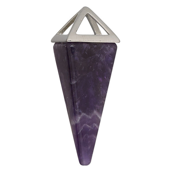 Amethyst / "pewter" (zinc-based alloy) 1pkg1, imitation rhodium-finished 4-sided point focal natural 36x15mm-42x15mm image number 0