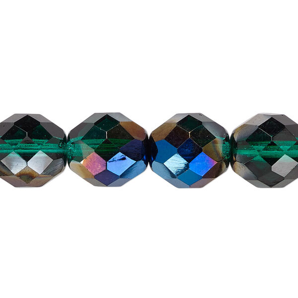 Bead, Czech fire-polished glass, pkg/15-1/2 to 16 inches, 12mm faceted round, green blue iris, (50730-22201). image number 0