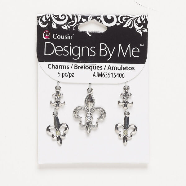 Charm, silver-finished "pewter" (zinc-based alloy) and acrylic, clear and light yellow, assorted size single-sided fleur-de-lis. Sold per pkg of 5. image number 0