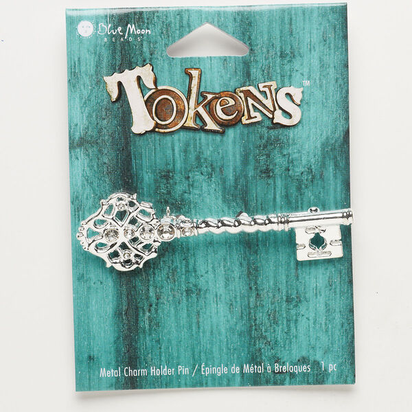 Brooch, silver-finished "pewter" (zinc-based alloy), 69x21mm fancy key. Sold individually. image number 0