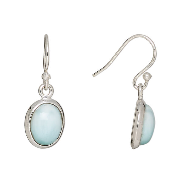 Earring, larimar (natural) and sterling silver, 24mm with 10x8mm oval and fishhook ear wire, 21 gauge. Sold per pair. image number 0