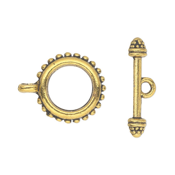 Clasp, toggle, antique gold-finished "pewter" (zinc-based alloy), 18mm double-sided beaded round. Sold per pkg of 10. image number 0