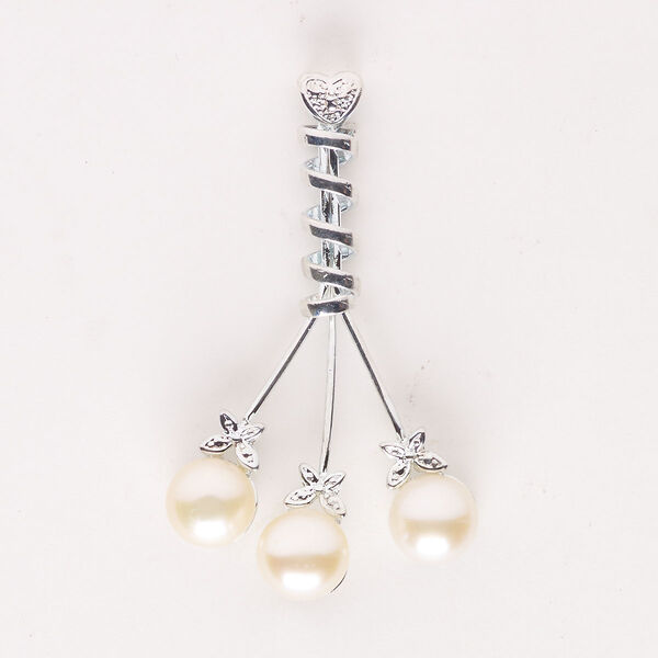 Pendant, imitation rhodium-finished "pewter" (zinc-based alloy) / glass pearl / cultured freshwater pearl (dyed), light satin pink, 50x30mm-52x33mm with heart and butterfly design. Sold individually. image number 0