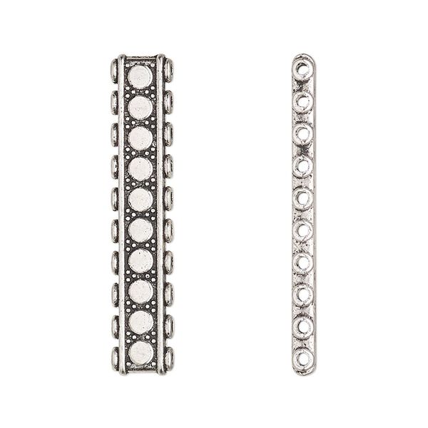 Spacer bar, antique silver-finished "pewter" (zinc-based alloy), 33x6mm 10-strand double-sided flat rectangle with beaded design, fits up to 3mm beads. Sold per pkg of 6. image number 0