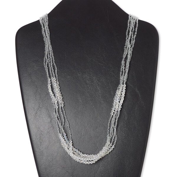 Necklace, 5-strand, glass / silver-finished steel / silver-plated brass, clear AB, 4x4mm double cone and seed bead, 33 inches with 2-inch extender chain and lobster claw clasp. Sold individually. image number 0