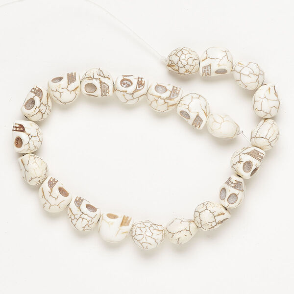 Bead, "magnesite" (resin) (imitation), white, 13x12mm-14x13mm skull, Mohs hardness 3-1/2 to 4. Sold per 10-inch strand, approximately 30 beads. image number 0