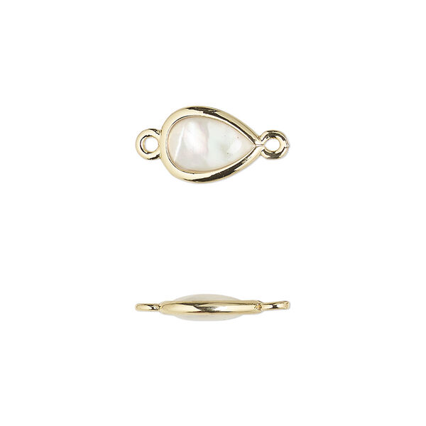 Link, mother-of-pearl shell and gold-finished brass (assembled), 10.5x7mm-11.5x8mm double-sided teardrop. Sold per pkg of 4. image number 0