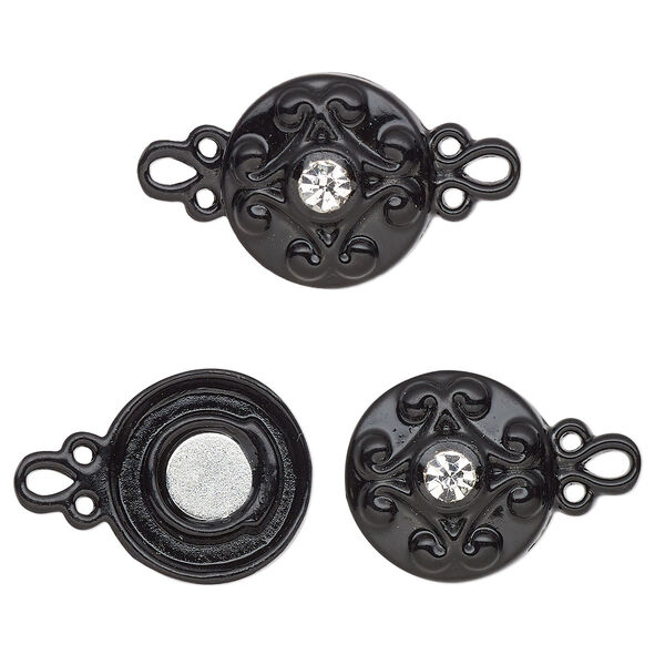 Clasp, magnetic, black-finished "pewter" (zinc-based alloy) and glass, clear, 12mm double-sided round. Sold per pkg of 2. image number 0
