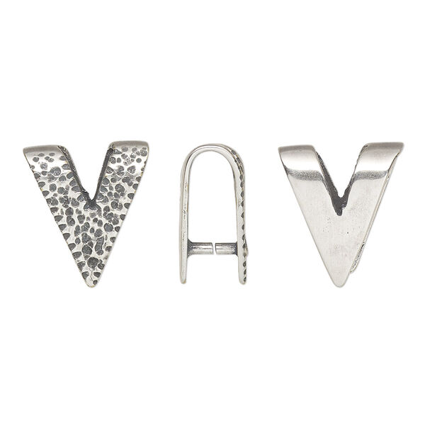 Bail, JBB Findings, ice-pick, antique silver-plated brass, 15x12.5mm single-sided textured "V" shape, 9.5mm grip length. Sold individually. image number 0