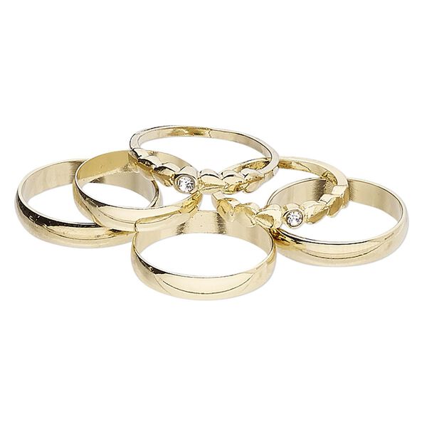 Ring mix, gold-finished brass and glass rhinestone, clear, 3mm and 4mm wide, size 5 to 12-1/2. Sold per pkg of 6. image number 0