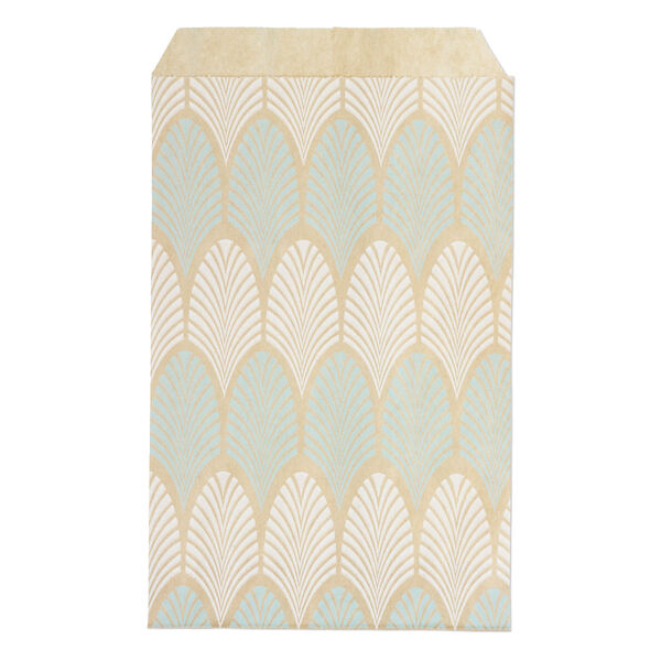 Bag, paper, brown, white and blue, 6x4 inch rectangle with leaf-print and scalloped top edge. Sold per pkg of 100. image number 0
