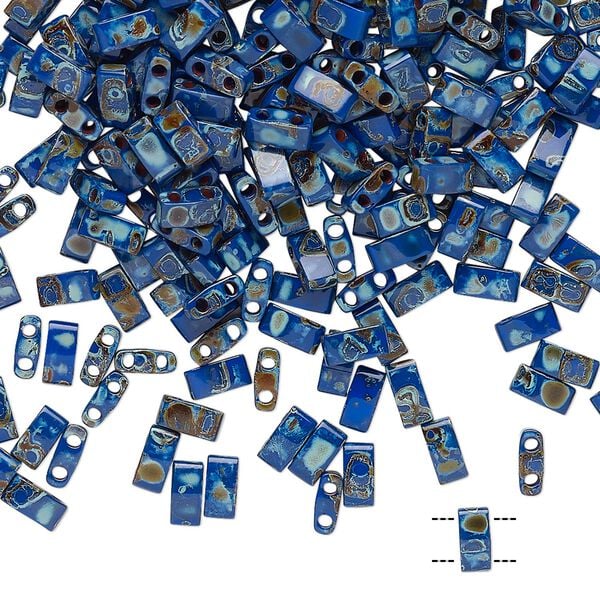 Seed bead, TILA®, glass, pkg/40g, 5x2.3mm half tila rectangle, opaque Picasso cobalt blue, (HTL-4518). image number 0