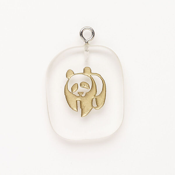 Focal, steel / glass / enamel, pkg/1, 30x24mm-39x27mm freeform with panda, silver finish / clear / gold. image number 0