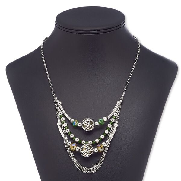 Necklace, glass / antiqued silver-finished brass / steel / "pewter" (zinc-based alloy), yellow / green AB / green, round, 28 inches with 2-inch extender chain and lobster claw clasp. Sold individually. image number 0