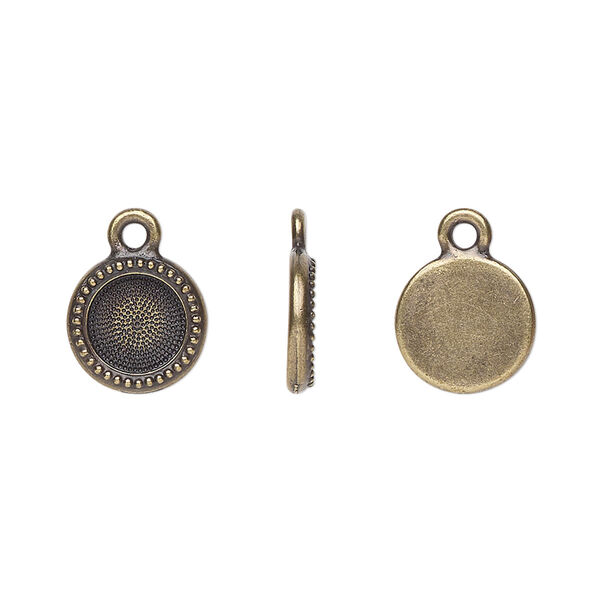 Drop, TierraCast®, Almost Instant Jewelry®, antique brass-plated pewter (tin-based alloy), 10mm round with beaded edge and SS34 round glue-in setting (2088). Sold per pkg of 2. image number 0