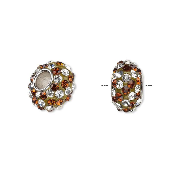 Bead, Dione®, Czech glass rhinestone / epoxy / imitation rhodium-plated brass grommet, root beer and clear, 13x8mm-14x8mm rondelle with spiral design, 4.5mm hole. Sold individually. image number 0