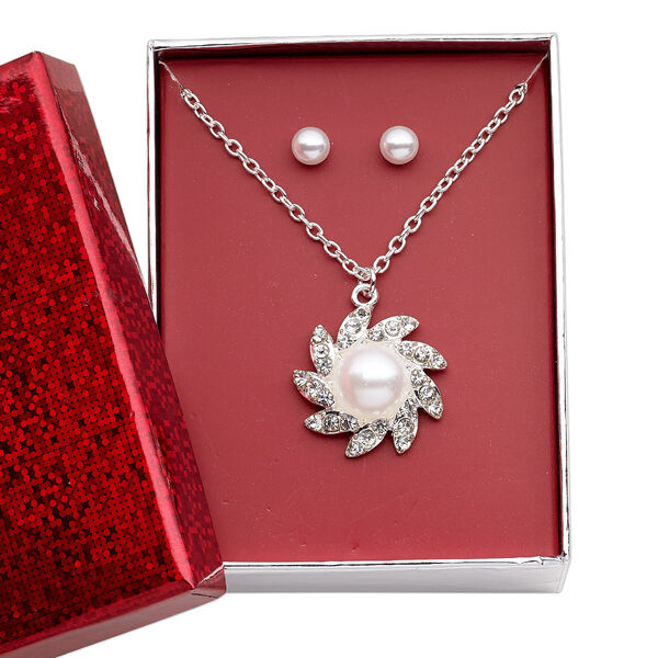 Necklace and earring set, acrylic pearl / glass rhinestone / silver-finished brass / steel / "pewter" (zinc-based alloy), white and clear, 24.5x24mm flower, 15" to 16" necklace with 3-inch extender chain and lobster claw clasp, 6mm round with post. Sold per set. image number 0