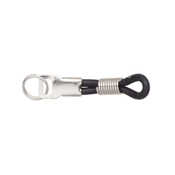 Eyeglass holder, rubber and imitation rhodium-finished steel, black, 30x6mm with adjustable coil and 7mm split ring. Sold per pkg of 20. image number 0